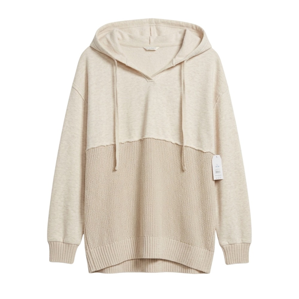 Time and Tru Mixed Media Hoodie Women Large L 12-14 Oatmeal Knit Pullover